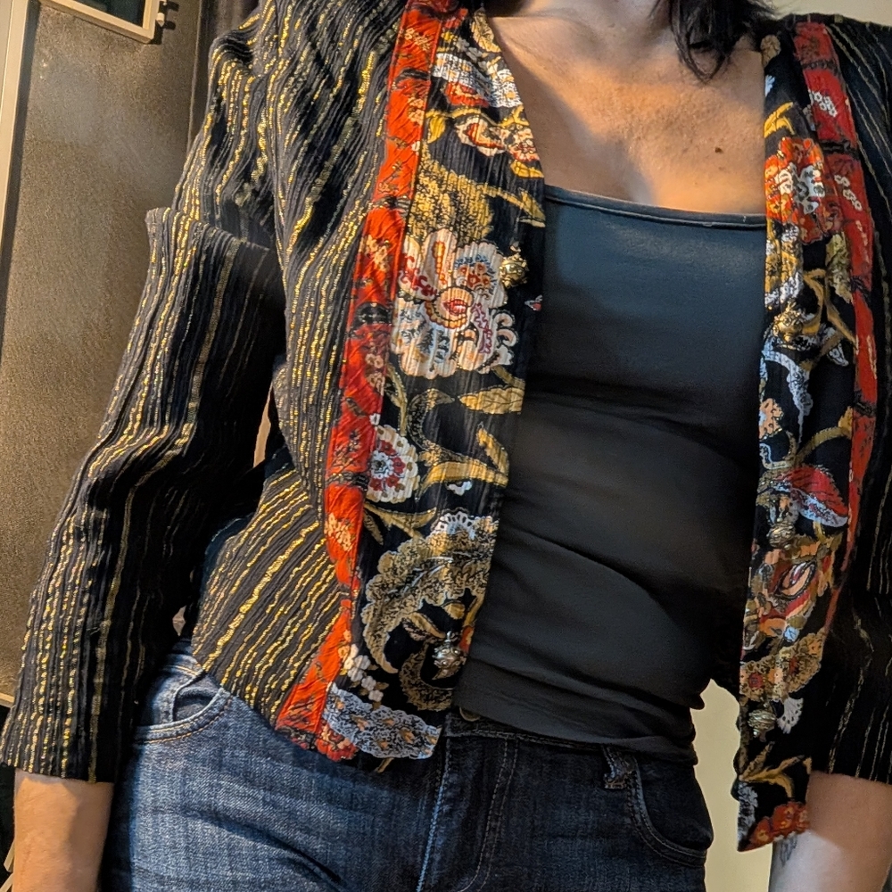 Vintage Carole Little Red/Gold Floral & Striped Cropped Open Jacket Size 10 - Picture 2 of 11